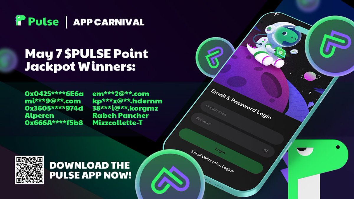 PulseSocialFi's tweet photo. π Pulse App Carnival Winners for May 6-7! π
Congrats to the lucky Pulsers below! πΈ
Keep checking in and keep winning β more prizes coming tomorrow! π
π² Download Pulse and join the check-in streak!
π https://t.co/4HNK6am5HL
#PulseSocialFi #CheckInToWin #CryptoRewards https://t.co/7XODOJuGO7