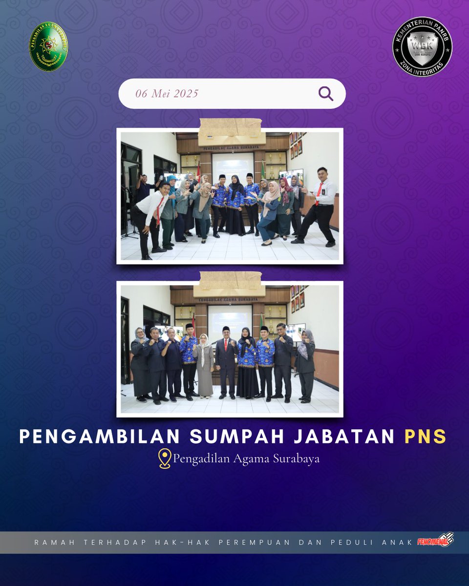 PASurabaya's tweet photo. Pengadilan Agama Surabaya melaksanakan Upacara Pengambilan Sumpah Jabatan terhadap tiga PNS baru: Febri Mahfud Efendi,  Dara Manista Harwika, dan Hasyid Adi Nugroho. Kegiatan berlangsung khidmat di Aula PA Surabaya, dipimpin langsung oleh Ketua PA Surabaya,  Suhartono. https://t.co/rIm552HjHw