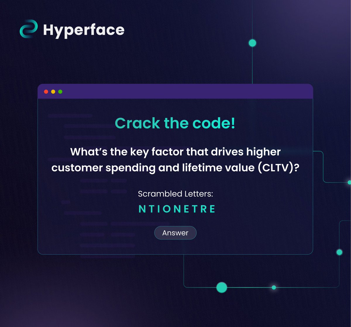 Attention Bankers!  What’s the key factor driving higher customer spending and lifetime value (CLTV)? 🧐

Unscramble these letters and drop your answers in the comments. Tag someone who you think can get this right!

#Hyperface #FintechTrivia #CLTV #CreditCards #Banking