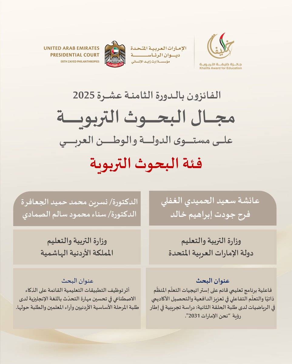 نبارك للفائزين بجائزة خليفة التربوية في الدورة الثامنة عشرة في مجال البحوث التربوية على مستوى الدولة والوطن العربي .

فئة البحوث التربوية

#جائزة_خليفة_التربوية #الدورة_ال18 #ميز_نفسك