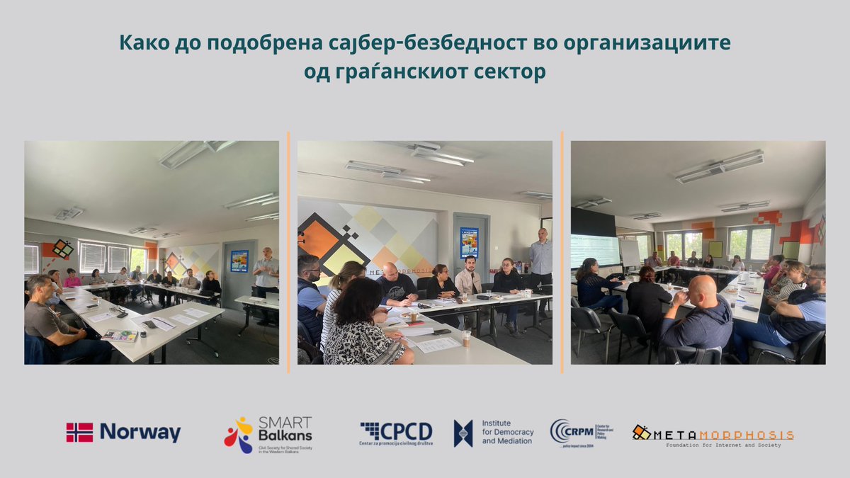 fmeta's tweet image. Фондацијата Метаморфозис организираше еднодневна обука посветена на унапредување на сајбер безбедноста во граѓанскиот сектор.

@IDM_Albania
@cpcdba
@norway_belgrade
@BalkansSmart
@CRPMmk

#SmartlyConnected #smartbalkans #NorwayiNorthMacedonia