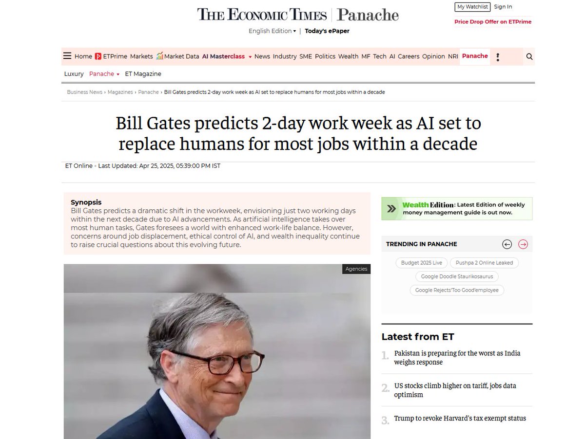 kimmonismus's tweet photo. Bill Gates predicts 2-day work week as AI set to replace humans for most jobs within a decade

A few thoughts on Bill Gates' statement.

The promise that automation could and would shorten our working hours has been around for a long time. John Maynard Keynes predicted in his 1930 essay “Economic Opportunities for Our Grandchildren” that by 2030 we would only need to work 15 hours a week to achieve a good standard of living. 

As we know, however, this never happened. On the contrary. Even in 2025, we will have a greater demand for labor and skilled workers in the western industrialized nations than we would have if we reduced working hours. Why? Because productivity growth and the expansion of production are inherent characteristics of capitalism. I mean that as a value-neutral description of the facts.

But: with the advent of AI and the combination of robotics, a qualitatively new characteristic is emerging. As I have often said, the special thing about AI + robotics is that for the first time in human history, humans are not only improved in their work performance (augmented), but can be completely replaced. There is no activity that a robot / AI could not do better, faster and more efficiently than human labor in the future. In this respect, it can be said in retrospect that Keynes' promise can now become reality, due to a technology that does not make people more efficient, but replaceable.

However, this is not a sure-fire success. Many questions remain. If robotics and AI take over the work, how will taxes be raised to finance the good life for all people? Can we continue to live exactly like this in society? And what will people do with all that free time? These are all questions that need to be discussed now.

The basis for a better world is there. The golden age is within our grasp. But we all have to make sure it happens. And, in particular, lead the discussion. Thankfully, @DaveShapi keeps bringing the discussion about the post-labor society into the discourse. This is a very important process.
