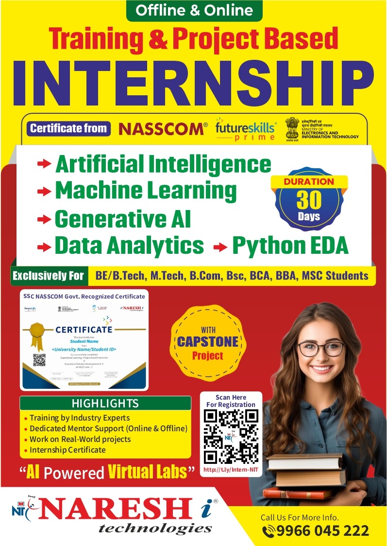 nareshitech's tweet image. 📢 Ready to Future-Proof Your Career?
Register now via the link: 🔗 t.ly/Intern-NIT

Naresh i Technologies presents an exclusive 30-Day Training + Project-Based Internship approved by NASSCOM Govt. Certification! 🏅

#InternshipAlert #ArtificialIntelligence #ML #Python