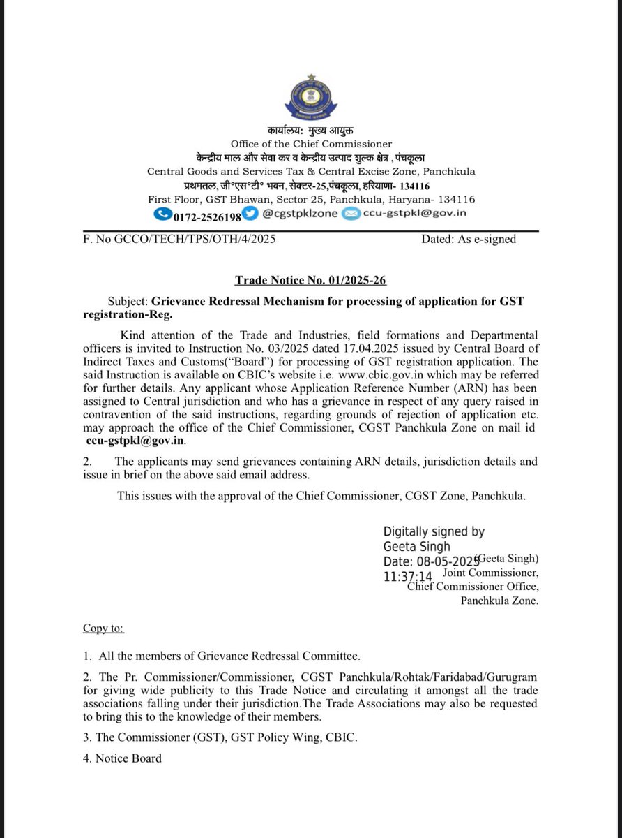 cgstpklzone's tweet photo. Trade Notice  On Redressal of Grievances related to GST registration assigned to Central Jurisdiction https://t.co/74v8GsqAsf