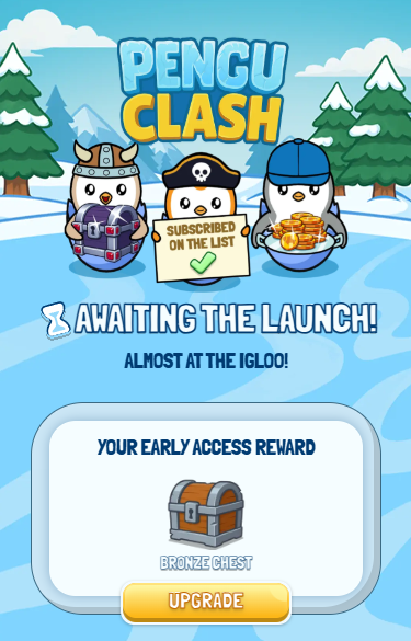 0撸的企鹅小游戏宝箱<a href="/PenguClash/">Pengu Clash</a>，终于上线啦，胖企鹅团队站台，之后会单独发币。
具体操作如下：
1.点击链接t.me/pengu_clash_bo…，进入TG小游戏；
2.点击“Join Early Access Waitlist”，然后在弹出的页面里“Claim”宝箱；
3.点击“UPGRADE+”去完成社交任务。
现在是超早期阶段，速冲！
#空投