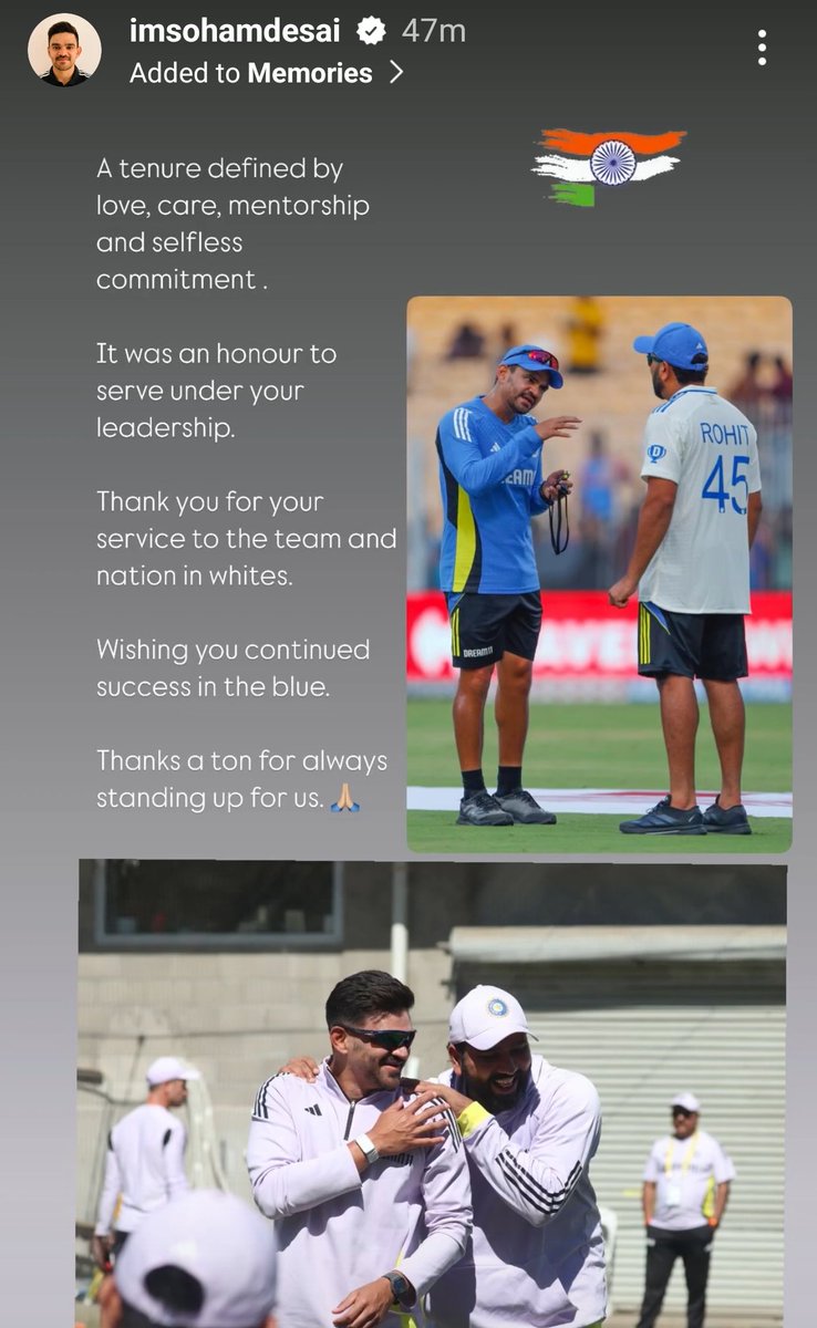 Soham Desai's Instagram story for Captain Rohit Sharma. 🙇

- The Strength &amp; conditioning coach of Team India.