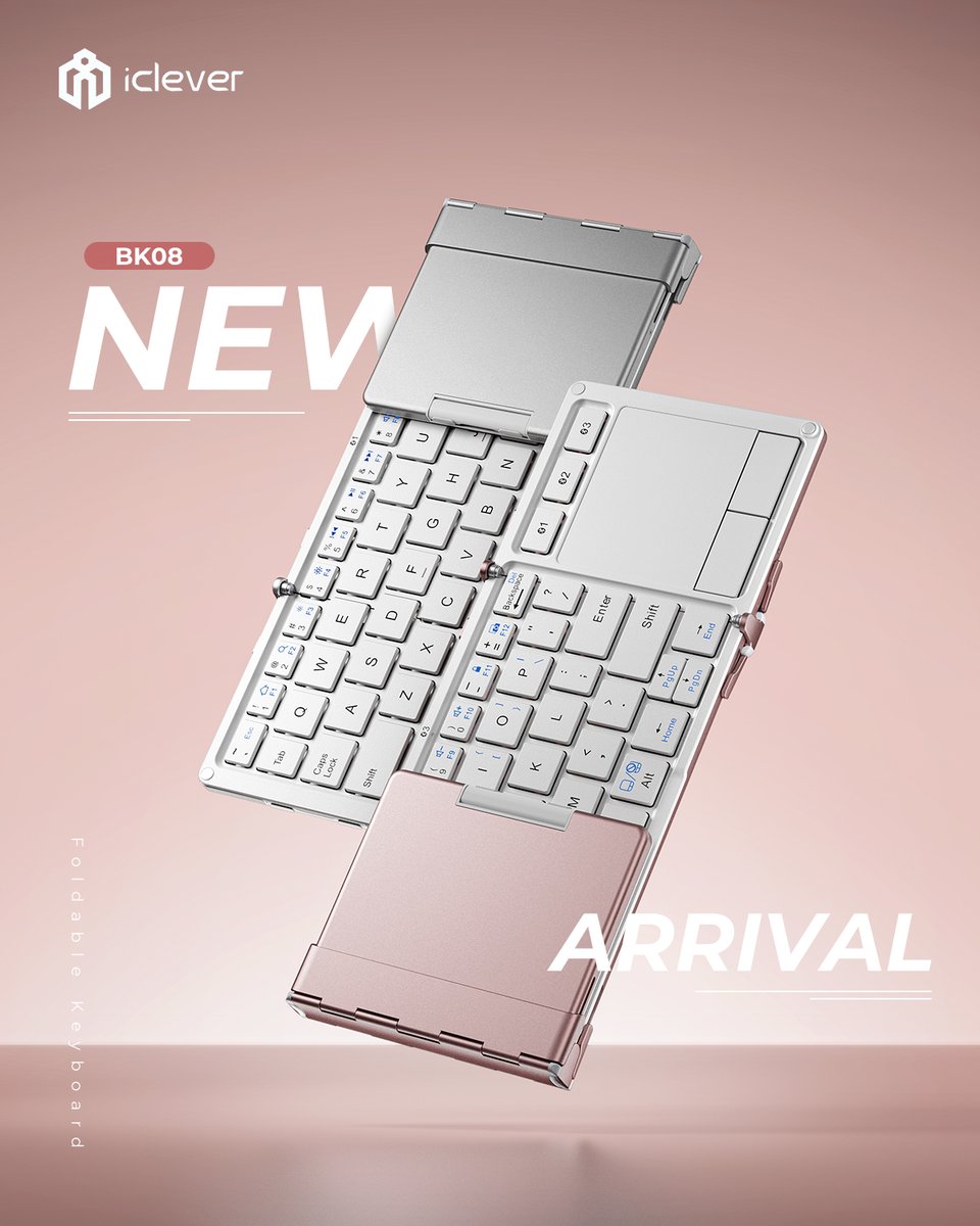 iCleverSupport's tweet photo. 🆕New arrival! 
🎀The BK08 keyboard is now available in fresh white and playful pink! The same foldable convenience is now available with an extra splash of colour.

#iClever #BK08 #iCleverkeyboard #iCleverTech #iCleverBK08 #keyboard #FoldableKeyboard https://t.co/ZKt7cmRLk5