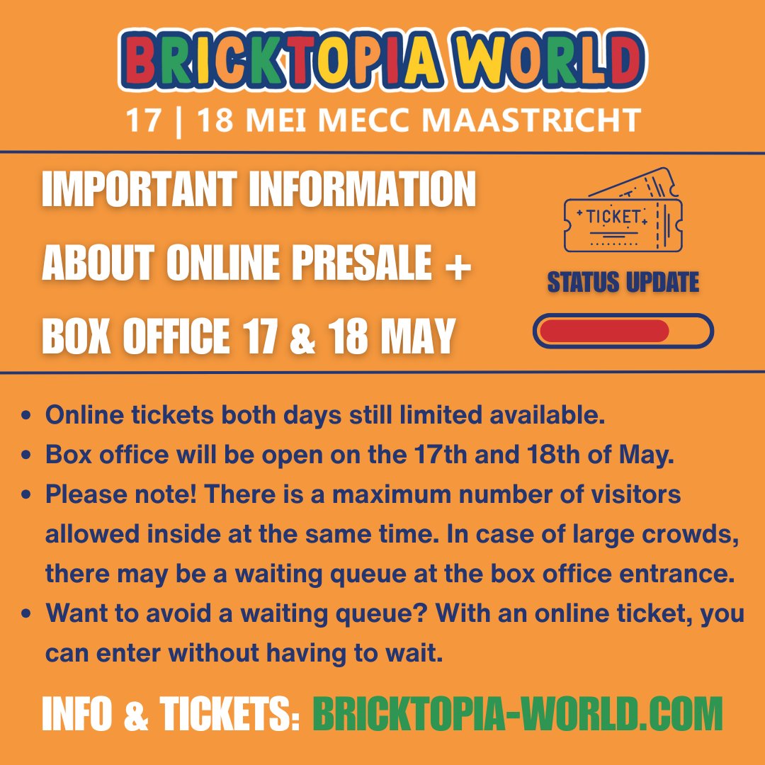DutchbricksRLUG's tweet photo. Wij willen je bij deze graag informeren over de laatste fase van de online voorverkoop en de mogelijkheid voor late beslissers om op 17 en/of 18 mei aan de dagkassa kaartjes te kopen.

Lees verder: https://t.co/v596zz71X7

#bricktopiaworld #dutchbricks #LEGO #MECC #maastricht https://t.co/074Swg6v5k