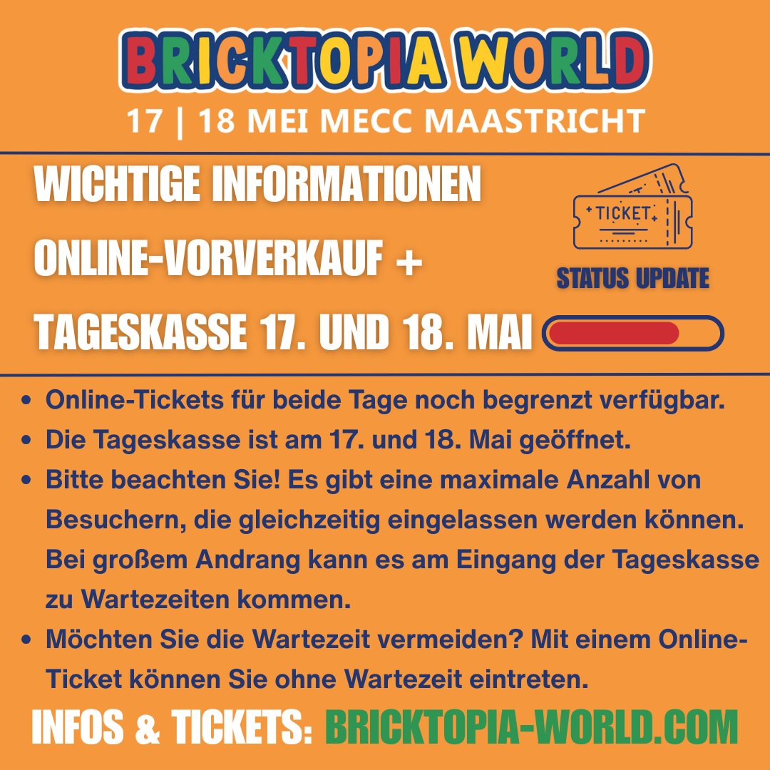 DutchbricksRLUG's tweet photo. Wij willen je bij deze graag informeren over de laatste fase van de online voorverkoop en de mogelijkheid voor late beslissers om op 17 en/of 18 mei aan de dagkassa kaartjes te kopen.

Lees verder: https://t.co/v596zz71X7

#bricktopiaworld #dutchbricks #LEGO #MECC #maastricht https://t.co/074Swg6v5k