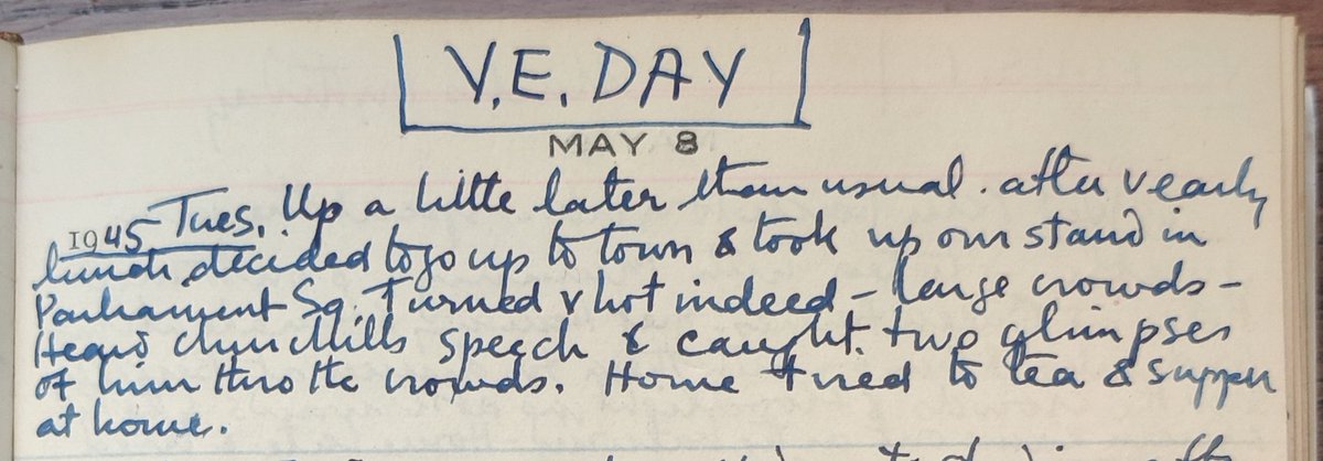 My mother, Nancy's, entry in her diary for this day 80 years ago. Hard to imagine what it must have been like. 
Ordinary people in extraordinary times.
#VEDay80- peace in Europe.
#VEDay2025