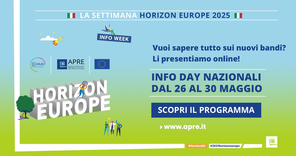 apre_it's tweet photo. 🔵 PROGRAMMA COMPLETO: Info day nazionali - La Settimana #HorizonEU 2025 🔵

📢 Scopri il programma delle 5 giornate organizzate da #APRE in accordo con @mur_gov_ e registrati alle varie sessioni online tra il 26 e il 30 maggio

👉 https://t.co/ME67Vvd6I0

#2025horizoneurope https://t.co/CfeAF4qGyV