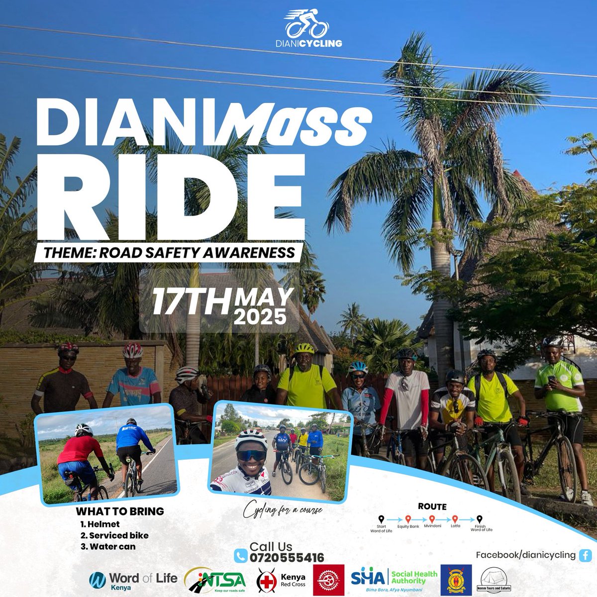 NyaliCycling's tweet photo. 🚴♂️ Diani Mass Ride | 17th May 2025
Join us in Diani for a Road Safety Awareness 🦺
📞 Info: 0720555416
Courtesy of @DianiCycling & @ntsa_kenya
#DianiMassRide2025 #RideForSafety #RoadSafetyAwareness #CyclingKenya #BeSeenBeSafe https://t.co/eHGSWeSIsC
