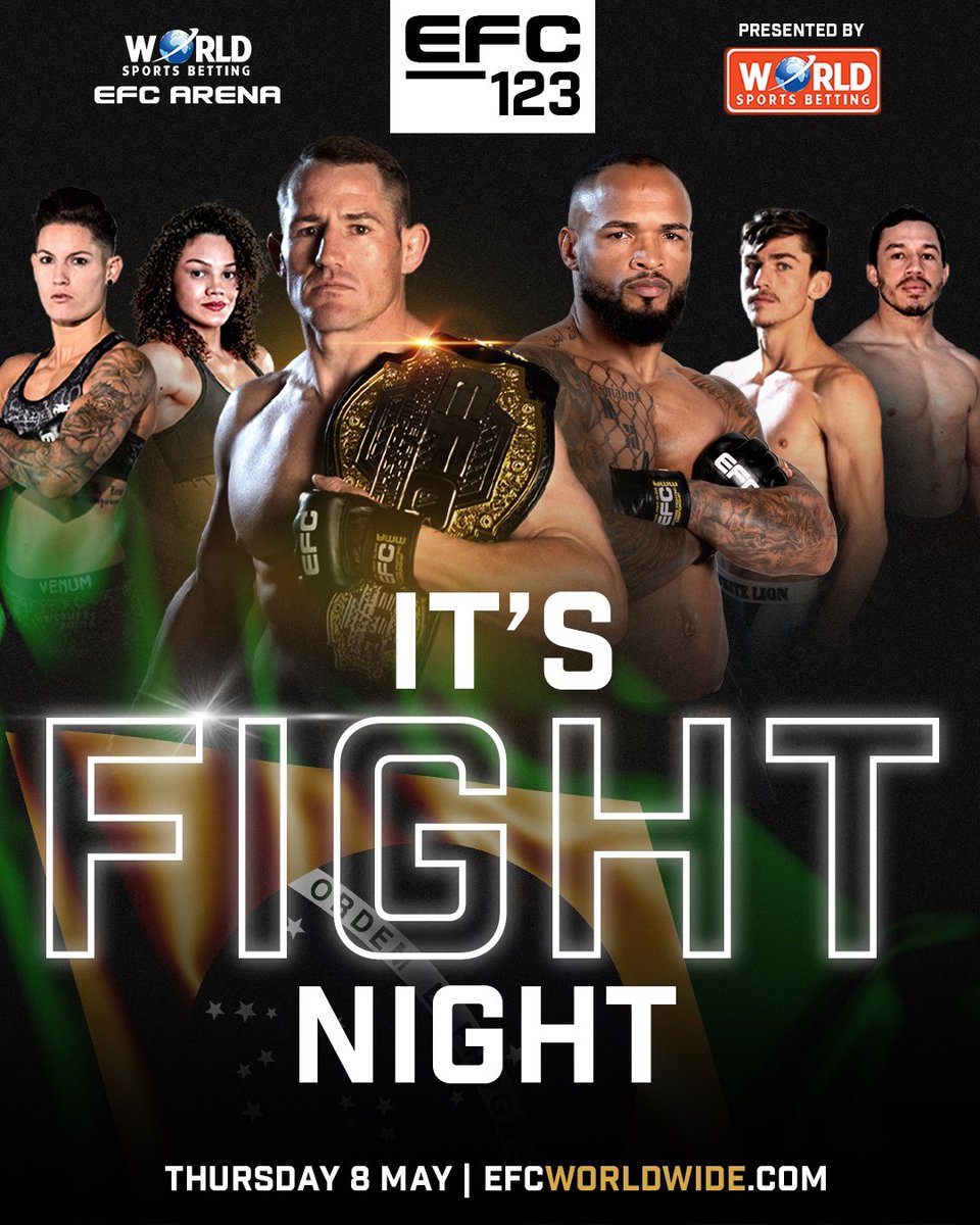 EFCworldwide's tweet photo. IT’S FIGHT NIGHT‼️É NOITE DE LUTA
The best of AFRICA take on the warriors of BRAZIL at #EFC123
PRELIMS 3pm (CAT)
MAIN CARD 7pm (CAT)
Check your local sports broadcaster or stream from anywhere in the world at https://t.co/o7zeTaMIeC https://t.co/fFYp48M2RI