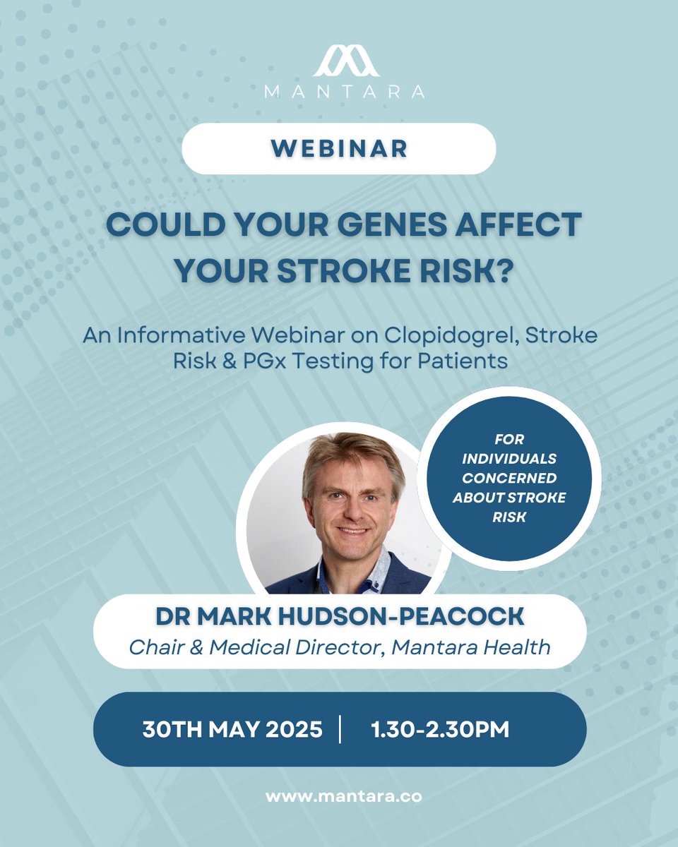 🧠 Taking clopidogrel? Your genes could be putting you at risk of stroke. Learn more in Dr Mark Hudson-Peacock's free webinar 

📅 30 May | 🕒 1.30–2.30pm BST 

👉 events.teams.microsoft.com/event/801a9d64…