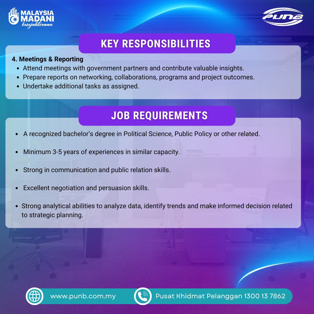 Are you passionate about fostering strong government relations and driving developmental initiatives?

PUNB is looking for a proactive and dynamic Business Development &amp; Strategic Government Affairs Senior Executive to plan, develop, and execute key support programs. This role