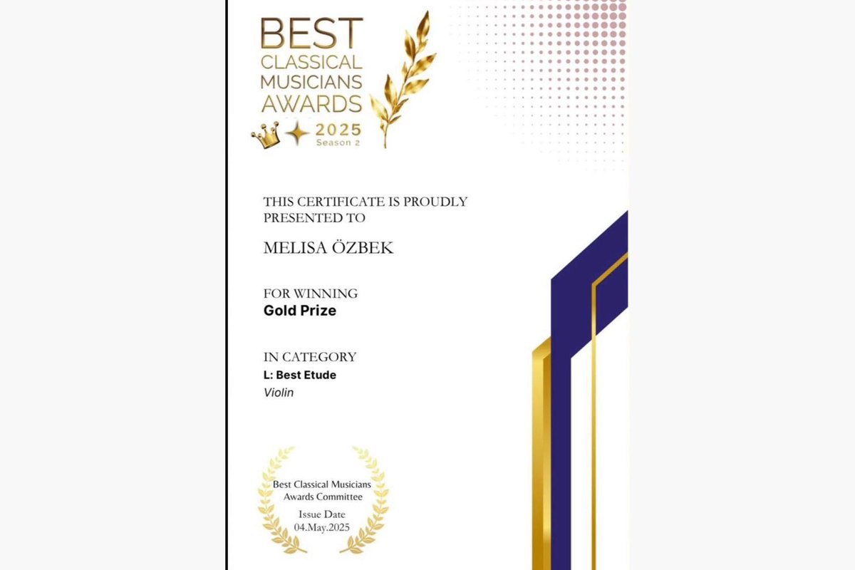 Yaylı Çalgılar Anasanat Dalı 9. Sınıf öğrencisi Melisa Özbek, katıldığı Best Classical Musicians Awards’ da üniversitemizi başarı ile temsil ederek, 2025 Seasons-2 kazananları arasında yer almaya hak kazanarak, “Best Etude” kategorisinde “GOLD PRİZE derecesine layık görüldü.