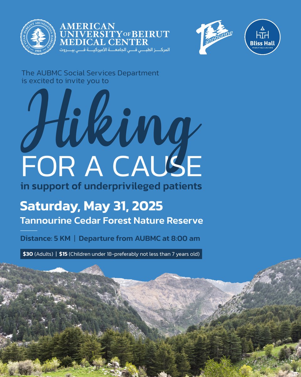 AUBMC_Official's tweet photo. Join Us for a Breathtaking Hike in Tannourine!
The AUBMC Social Services Department is excited to invite you to “Hiking for a Cause” - a fun and meaningful initiative in support of our underprivileged patients.

Date: Saturday, May 31
Location: Tannourine Cedar Forest Nature Reserve
Distance: 5 KM -Departure from AUBMC: 8:00 a.m. and Arrival at AUBMC: 4:00 p.m
Tickets: USD 30 (Adults)- USD 15 (Children under 18-preferably not less than 7 years old)
Ticket includes: round-trip transportation, refreshments, and a full day of purpose-driven adventure!

All proceeds go toward supporting our patients.

Tickets available at the Social Services Offices (Phase II, Second Floor) and ACC (5th Floor, Private Clinics) from 12:00–2:00 p.m.
Fun, food, and good vibes guaranteed!

Let’s hike TOGETHER! Step by step, we can make a difference in people’s lives!