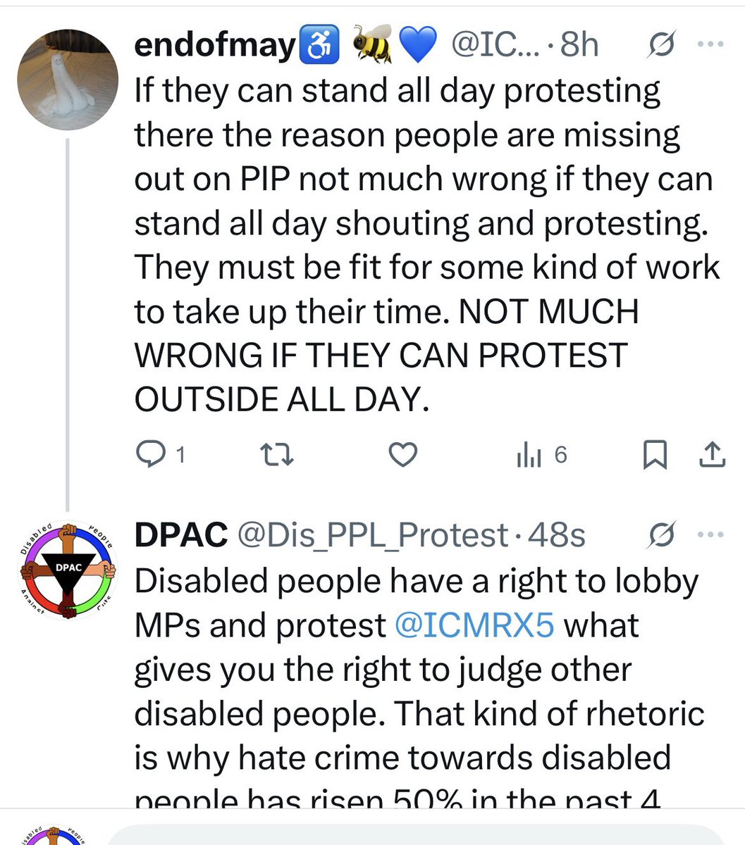 Dis_PPL_Protest's tweet image. #DisabilityTwitter 

It is not acceptable when a disabled person judges other disabled people; especially with rhetoric like this 

Disabled people have a right to protest, to meet with MPs &amp;amp; attend parliament meetings which are vital

We’ve enough to contend with without this