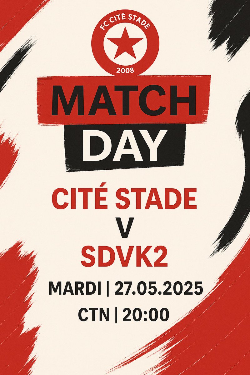 Avant-dernière bataille du championnat !
Cité Stade ⚪🔴 vs SDVK2 ⚽🔥
Mardi 27 mai – 20h – CTN 🏟️

L’heure est venue de tout donner.
Plus que 2 matchs. Plus qu’un objectif. On compte sur vous 👊🏿