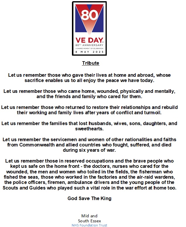 MSEChaplains (@msechaplains) on Twitter photo A Tribute for VE Day which will be read at each of our MSE services today #VEDay2025
<a href="/MSEHospitals/">Mid and South Essex NHS Foundation Trust</a> <a href="/MSEPatientExp/">Mid and South Essex Hospitals Patient Experience</a> <a href="/MSEinclusion/">NHS MSE Inclusion & Engagement</a> A Tribute for VE Day which will be read at each of our MSE services today #VEDay2025
<a href="/MSEHospitals/">Mid and South Essex NHS Foundation Trust</a> <a href="/MSEPatientExp/">Mid and South Essex Hospitals Patient Experience</a> <a href="/MSEinclusion/">NHS MSE Inclusion & Engagement</a>