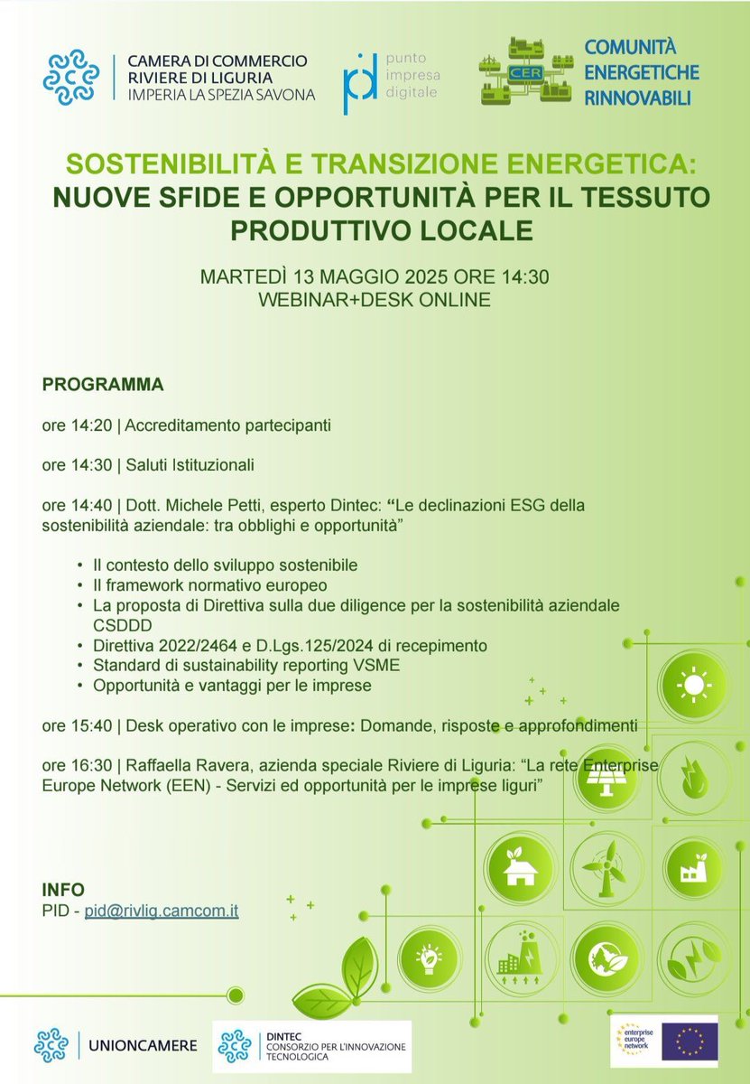 AS Riviere di Liguria (@asrivlig) on Twitter photo Partecipa al ciclo gratuito sulla Transizione Energetica e le Comunità Energetiche Rinnovabili (CER)
Primo appuntamento: 13 Maggio 2025, 14:30
shorturl.at/Y7pmE
<a href="/CCIAARIVLIG/">CCIAA RIVLIG</a> <a href="/PID_CamCom/">Punto Impresa Digitale</a> <a href="/DINTEC_Scrl/">DINTEC</a> <a href="/EEN_Italia/">Enterprise Europe Network Italia</a>
#pidcciaarivlig #EENCanHelp
#TransizioneEnergetica Partecipa al ciclo gratuito sulla Transizione Energetica e le Comunità Energetiche Rinnovabili (CER)
Primo appuntamento: 13 Maggio 2025, 14:30
shorturl.at/Y7pmE
<a href="/CCIAARIVLIG/">CCIAA RIVLIG</a> <a href="/PID_CamCom/">Punto Impresa Digitale</a> <a href="/DINTEC_Scrl/">DINTEC</a> <a href="/EEN_Italia/">Enterprise Europe Network Italia</a>
#pidcciaarivlig #EENCanHelp
#TransizioneEnergetica
