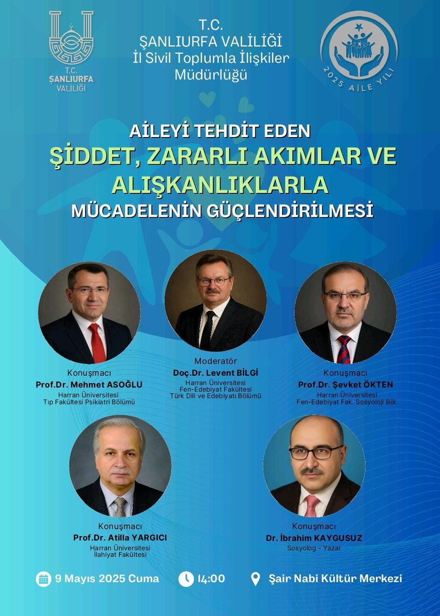 09.05.2025 tarihinde Aile yılı dolayısı ile Fen Edebiyat, Tıp ve İlahiyat Fakülteleri olarak Şanlıurfa Valiliği'nin panelinde aile konusunu konuşulacak. Müsait olan arkadaşları bekleriz.