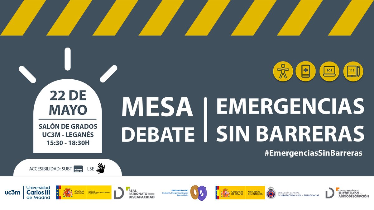 CESyA (@cesyaes) on Twitter photo #EmergenciasSinBarreras🚨
✅Abordar la #Accesibilidad de personas con #Discapacidad a servicios de #Emergencias mediante las #NuevasTecnologías.
👥Participan:
✅<a href="/uc3m/">UC3M</a>
✅<a href="/RPDiscapacidad/">Real Patronato sobre Discapacidad y D. G.</a>
✅<a href="/cesyaes/">CESyA</a>
✅<a href="/Cermi_Estatal/">CERMI Estatal</a>
✅Observatorio Cero
✅<a href="/proteccioncivil/">Protección Civil</a>
✅<a href="/Fundacion_ONCE/">Fundación ONCE</a> #EmergenciasSinBarreras🚨
✅Abordar la #Accesibilidad de personas con #Discapacidad a servicios de #Emergencias mediante las #NuevasTecnologías.
👥Participan:
✅<a href="/uc3m/">UC3M</a>
✅<a href="/RPDiscapacidad/">Real Patronato sobre Discapacidad y D. G.</a>
✅<a href="/cesyaes/">CESyA</a>
✅<a href="/Cermi_Estatal/">CERMI Estatal</a>
✅Observatorio Cero
✅<a href="/proteccioncivil/">Protección Civil</a>
✅<a href="/Fundacion_ONCE/">Fundación ONCE</a>