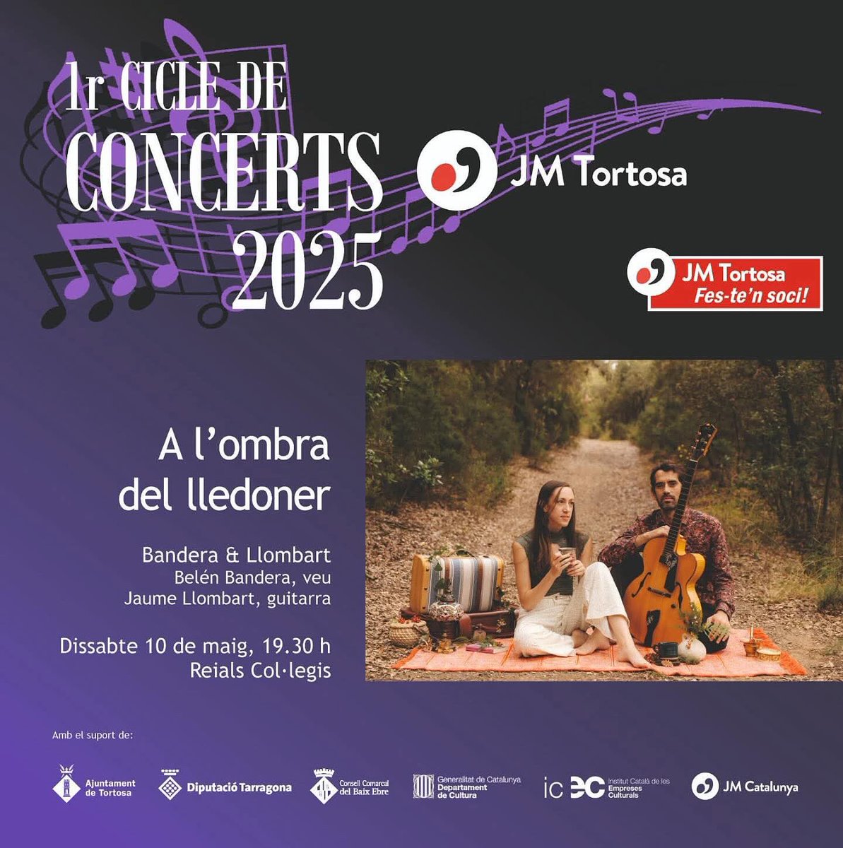 CULTURA | 🎼’A l’ombra del lledoner’ amb Belén Bandera, veu i Jaume Llombart, guitarra. 

📆 Dissabte 10 de maig
⏰ 19.30h
🏢 Reials Col.legis 

🎟️ Entrades a:
ebreticket.cat/esdeveniments/…