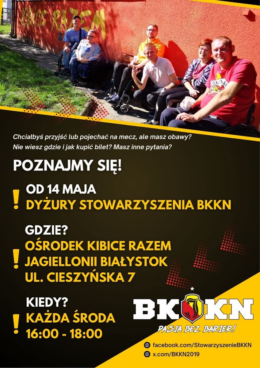 Powoli zbliżamy się do końca sezonu, ale wkrótce rozpocznie się kolejny
Chciałbyś przyjść lub pojechać na mecz? Nie wiesz jak i gdzie kupić bilet? Masz inne pytania? A może chcesz nas poznać i dołączyć do grupy? Zapraszamy w każdą środę do Kibice Razem Jagiellonia w godz. 16-18.