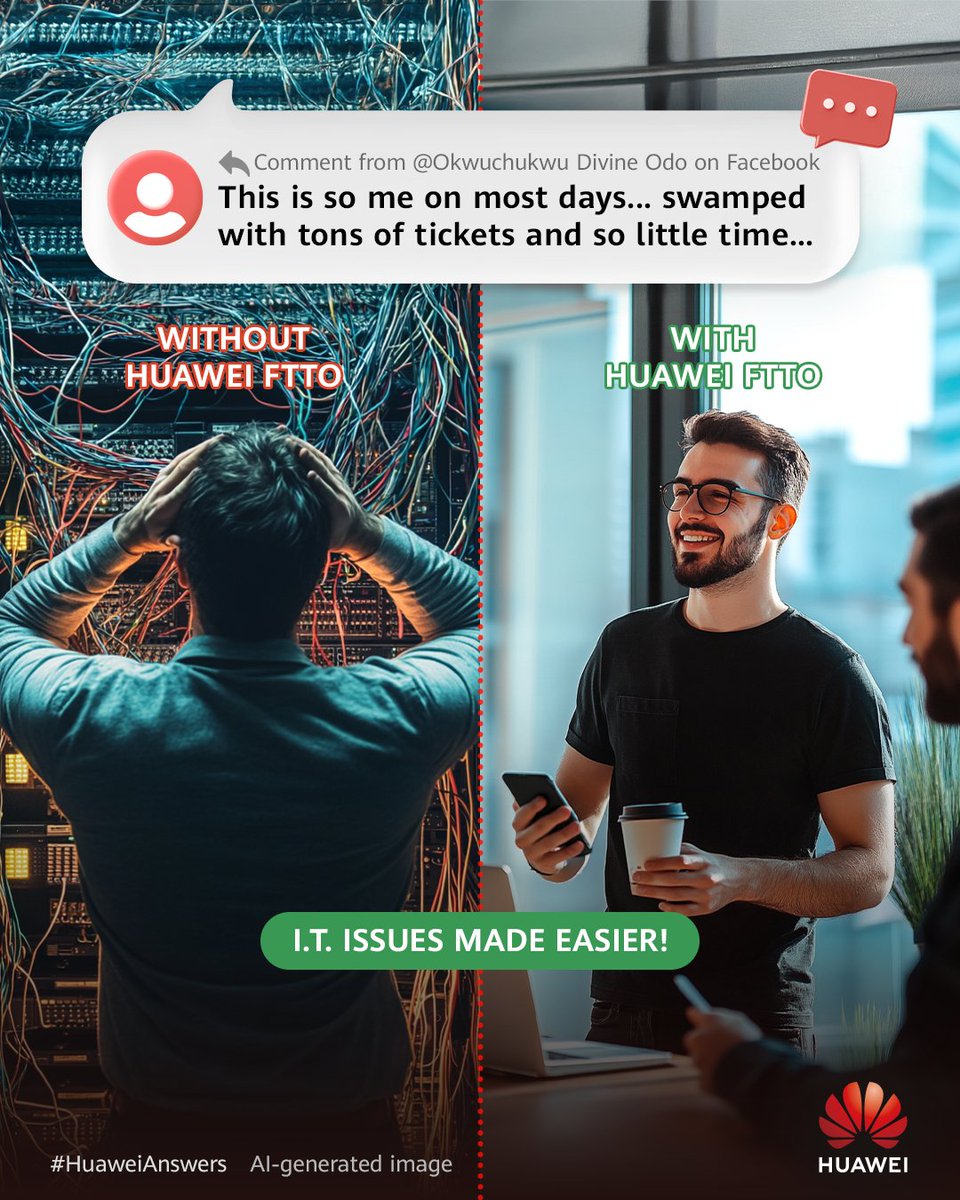 Huawei's tweet photo. DYK: You can solve network jam issues with just one click? #Huawei #FTTO provides a one-stop solution to help eliminate stress levels for tech support! Learn more here: https://t.co/30fusdA7fm #GreenIntelligentOptiX #CommentsOfTheWeek #HuaweiAnswers https://t.co/Q54WmTClvM
