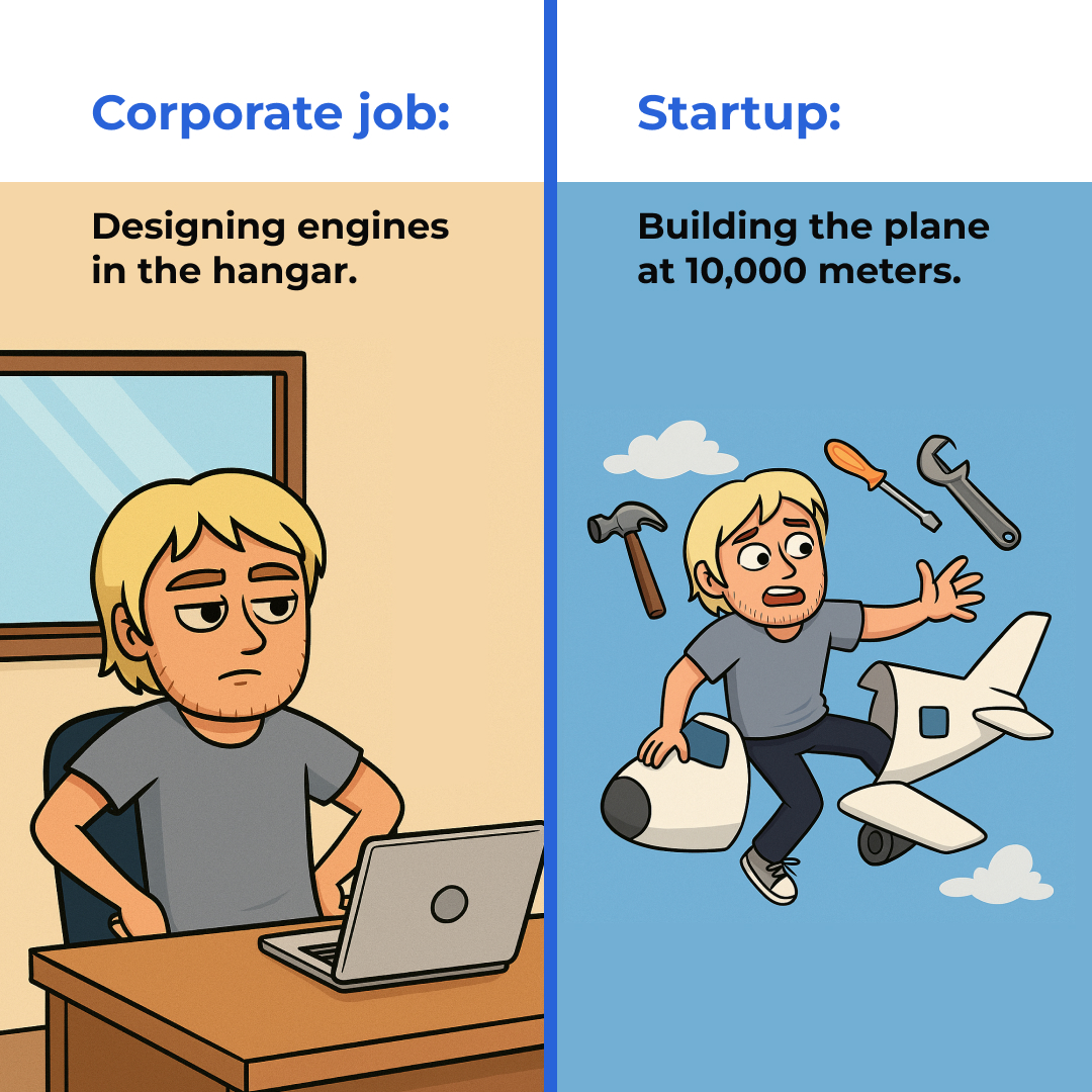 Startups aren’t chaos, they’re pressure cookers for builders. You give up comfort, gain speed. Want to learn fast? Jump in, build mid-air, and bolt on the wings before you land. #startups
