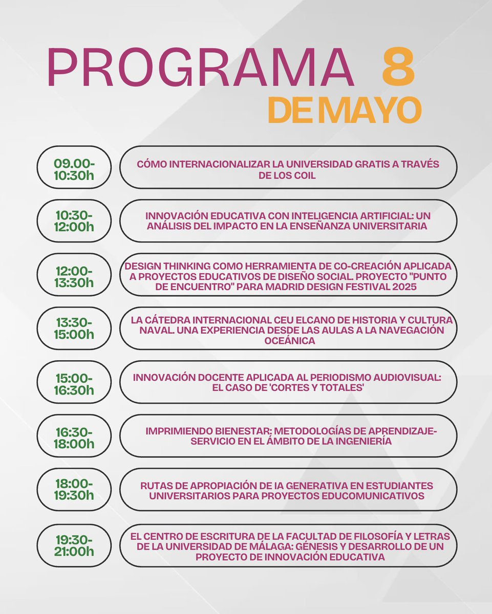🫶 Friendly reminder:
Hoy comienzan las actividades plenarias online del #CIINECO2025 🚀
🎓 Innovación educativa, IA, diseño social, aprendizaje-servicio, historia naval, escritura académica y más.
🕘 De 09:00h a 21:00h (GMT+1).
📺 ciineco.org/en-vivo/