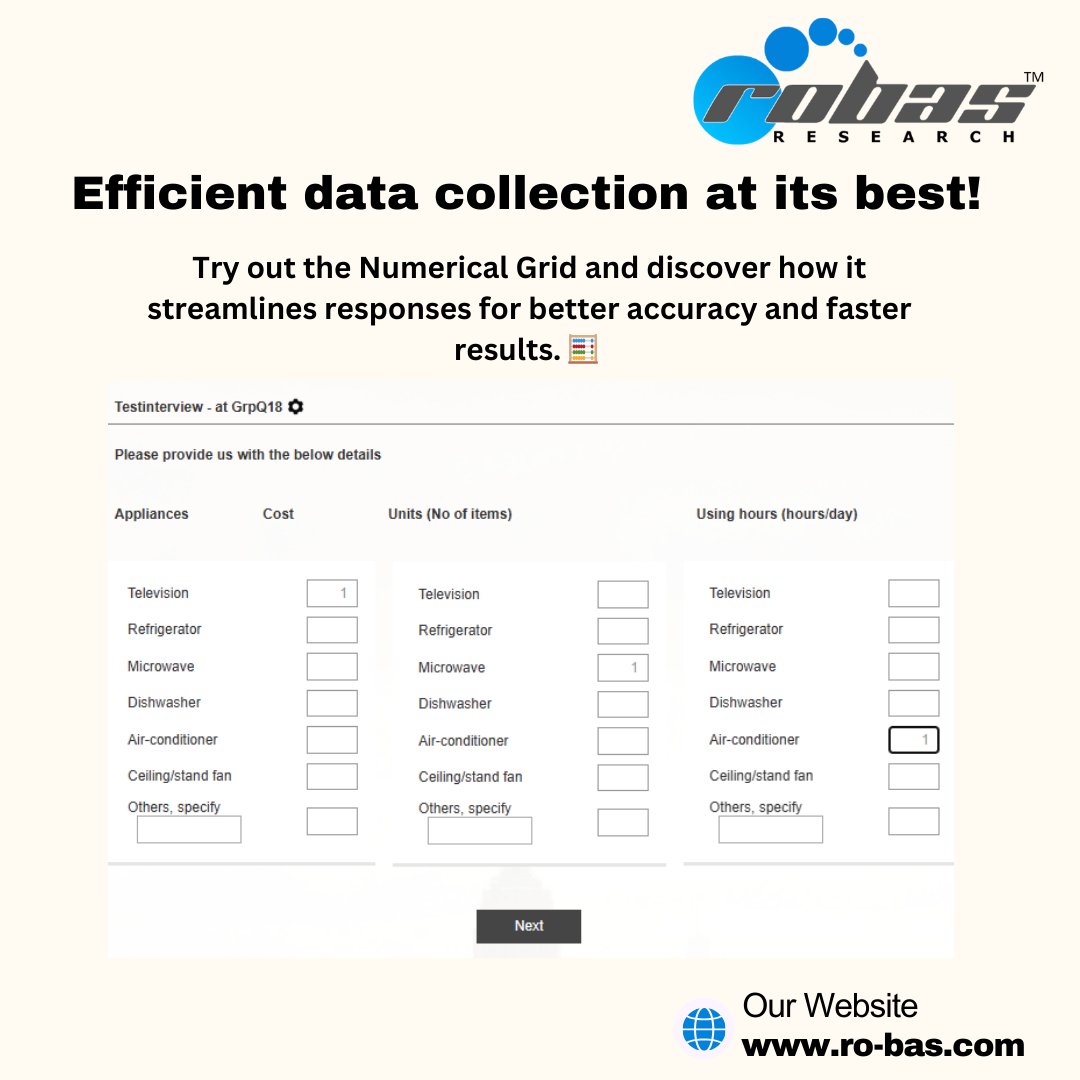 RobasResearch's tweet image. 📝 Numerical Grid: Streamline Data Collection with Ease!

Check out how it works with our test link below!
👉 Test Link: robas.dubinterviewer.com/scripts/dubint…

#SurveyProgramming #DataCollection #MarketResearch #NumericalGrid #SurveyEfficiency