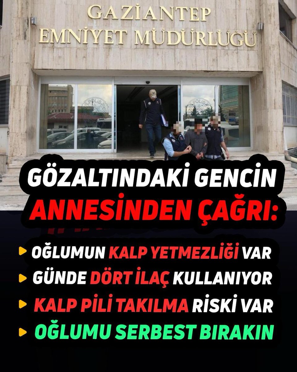 BOLDmedya's tweet photo. Gözaltındaki gencin annesinden acil çağrı:

📌 Oğlumun kalp yetmezliği teşhisi mevcuttur.
📌 Günlük dört farklı ilaç kullanmaktadır.
📌 Kalp pili takılması riski söz konusudur.
📌 Oğlumun derhal serbest bırakılmasını talep ediyoruz. https://t.co/2NrU9jVIQU