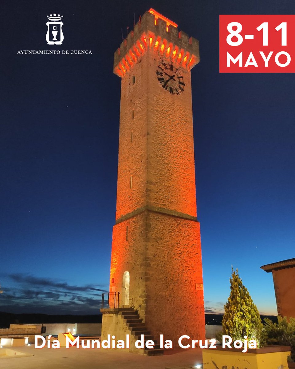Desde el 8 al 11 de mayo celebramos la acción humanitaria tanto en el plano local como en el internacional de las organizaciones Cruz Roja y Media Luna Roja. Por este motivo la Torre Mangana se iluminará de rojo🔴<a href="/CruzRojaCuenca/">Cruz Roja Cuenca</a> <a href="/CruzRojaEsp/">Cruz Roja Española</a>