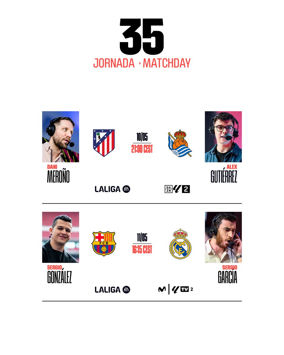 LALIGA (@laliga) on Twitter photo ✨ #AtletiRealSociedad
✨ #ELCLÁSICO
📺 ¡Vive la experiencia multicámara en <a href="/DAZN_ES/">DAZN España</a> y <a href="/MovistarPlus/">Movistar Plus+</a> con estos dos partidazos de la jornada 35 de #LALIGAEASPORTS! ✨ #AtletiRealSociedad
✨ #ELCLÁSICO
📺 ¡Vive la experiencia multicámara en <a href="/DAZN_ES/">DAZN España</a> y <a href="/MovistarPlus/">Movistar Plus+</a> con estos dos partidazos de la jornada 35 de #LALIGAEASPORTS!
