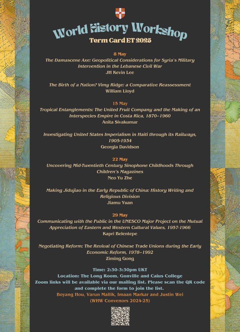 ✨We are DELIGHTED to release the Term Card for Easter Term 2025✨

Join us for a fascinating set of papers by our MPhil students every Thursday between 14:30-15:30 UKT at the Long Room in Gonville and Caius College.