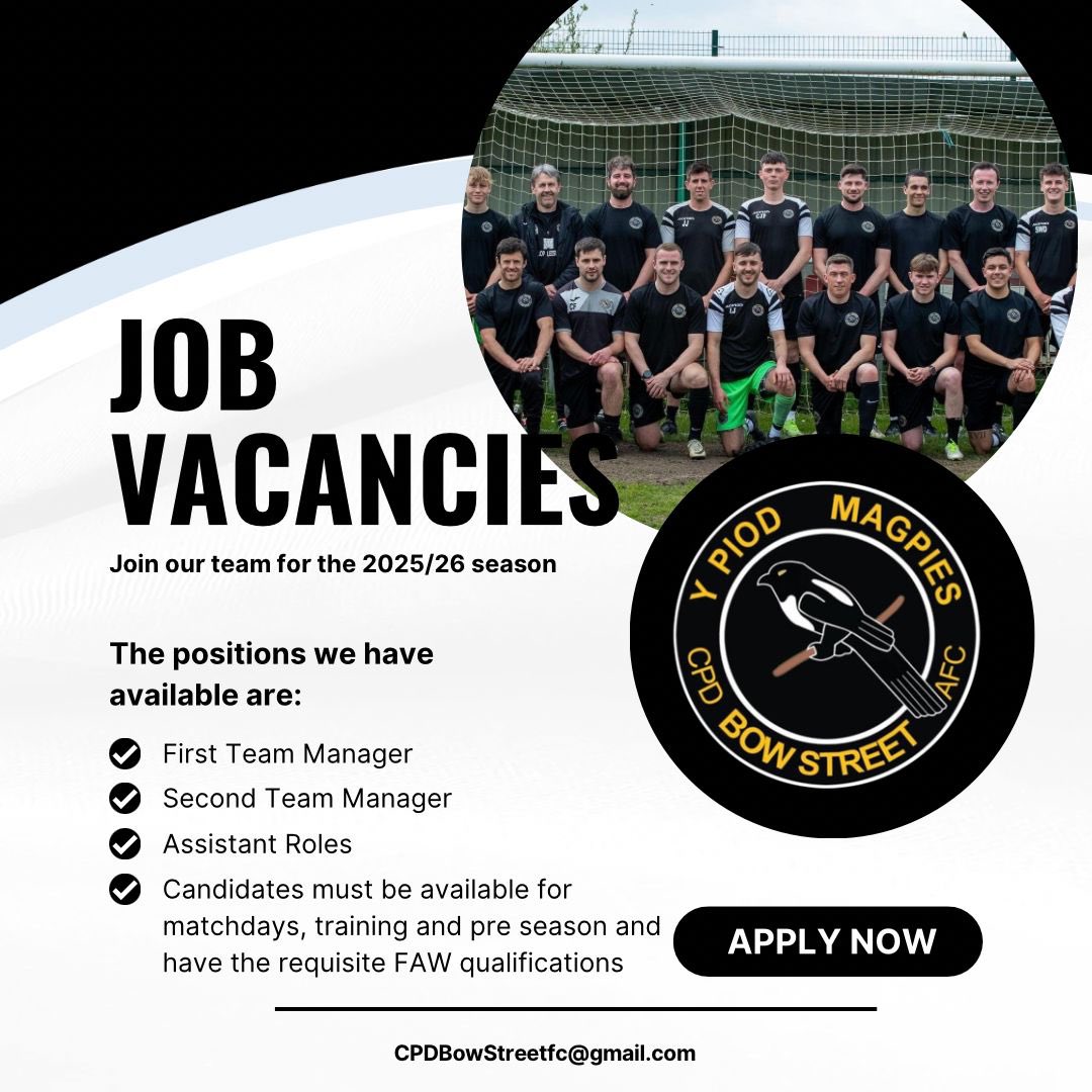 Bow Street FC (@bowstreetfc) on Twitter photo 🖤🤍 WE ARE RECRUITING!🖤🤍
As the season draws to a close, we are now inviting applications for various management roles within the club.
CVs and letters of intent should be emailed to cpdbowstreetfc@gmail.com and we aim to start interviewing asap! 🙌
#magpies 🖤🤍 🖤🤍 WE ARE RECRUITING!🖤🤍
As the season draws to a close, we are now inviting applications for various management roles within the club.
CVs and letters of intent should be emailed to cpdbowstreetfc@gmail.com and we aim to start interviewing asap! 🙌
#magpies 🖤🤍