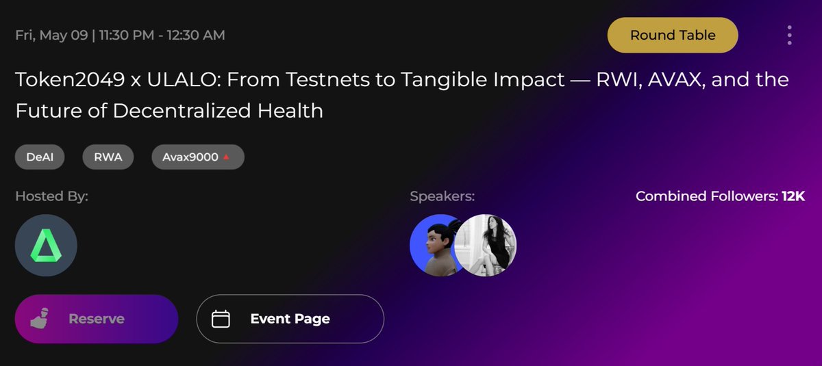 Join the ULALO roundtable on DeAI, RWA &amp; AVAX9000 as we unpack:
— Health x Blockchain
— Upcoming incentivized Testnet
and more..

Let’s talk data, equity, and the future. 🧬

Register Now : xcohost.com/spaces/1OwGWXr…