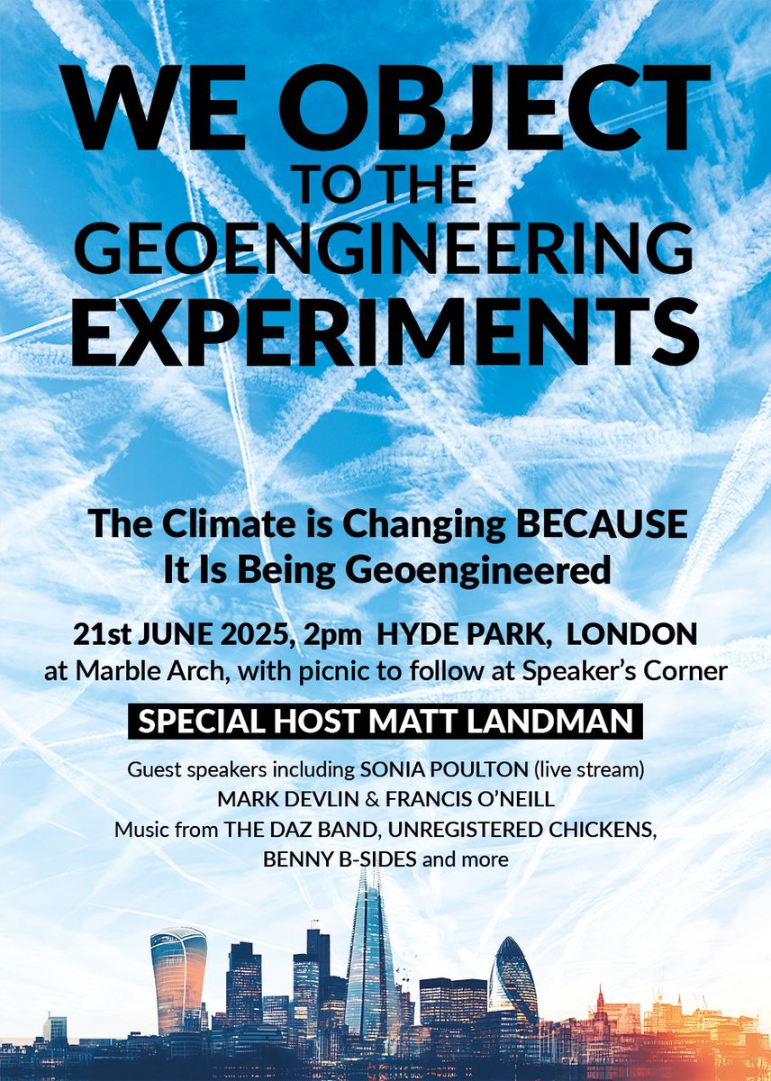 djmarkdevlin2's tweet photo. Had enough of poison being dumped in our skies and our weather being manipulated without our consent or approval?

Add your voice to the sound of the crowd in London on 21st June. https://t.co/OCx51MxDAR