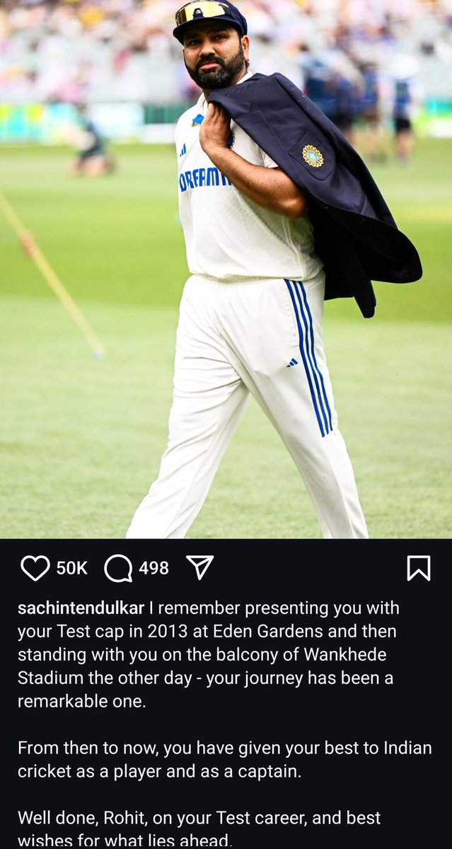 Instagram post by Sachin Tendulkar for Rohit Sharma 🇮🇳