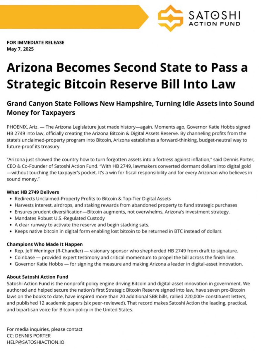 🇺🇸 U.S. STATE ARIZONA HAS SIGNED STRATEGIC BITCOIN RESERVE INTO LAW. MORE  RESERVES = MORE BUYING. BULLISH FOR THE MARKETS 🚀