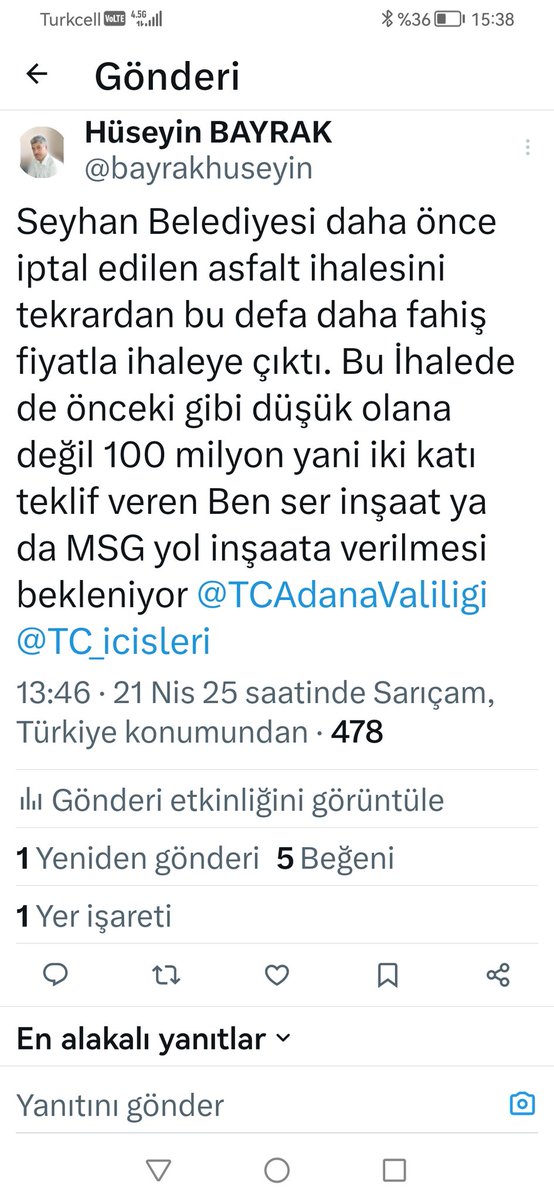Seyhan Belediyesi bizi şaşırtmadı. Daha önce iptal edilen asfalt ihalesini 17 gün önce yazdığımız gibi yaklaşık maliyeti yüksek çıkartarak puanlama sistemiyle düşük teklifi firmaları eleyerek yaklaşık 100 milyon TL kamu zararına BB holdingin istediği BENSER Firmasına verdi