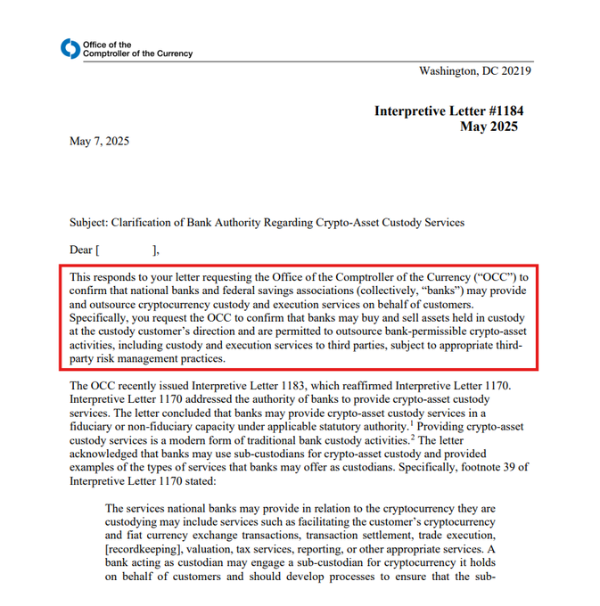 CoinGapeMedia's tweet photo. 🚨 BREAKING: 🇺🇸 US OCC greenlights banks to:
✅ Offer crypto custody services
✅ Buy & sell crypto for customers
🔥 Huge step for crypto adoption!
#Crypto #Bitcoin #Ethereum #USOCC #Banking https://t.co/HBuzRoNd0j