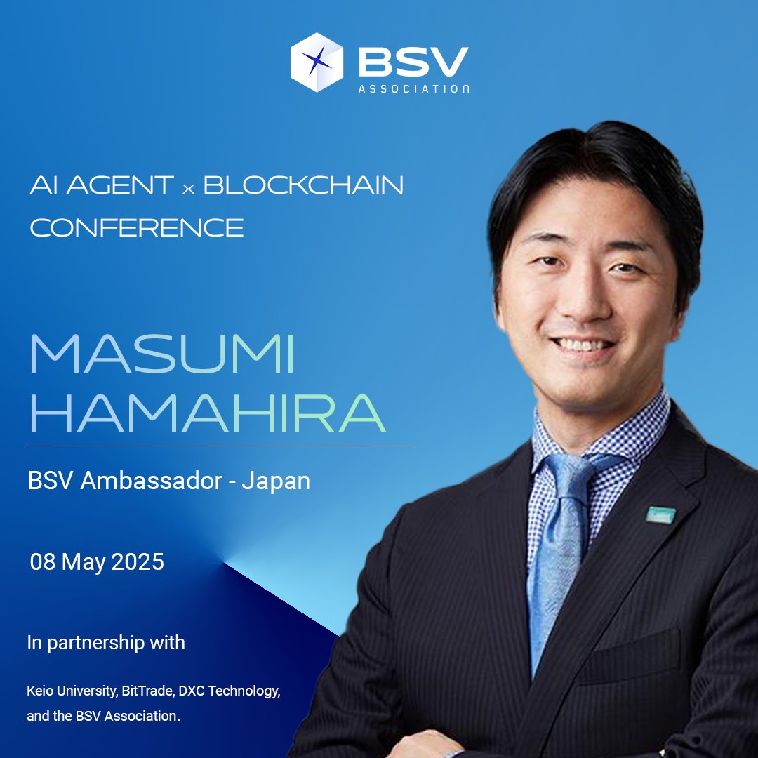 BSV Association (@bsv_assn) on Twitter photo How can BSV Blockchain complement AI?
BSV Ambassador Masumi Hamahira will join Sachio Nishioka, Senior Partner at <a href="/DXCTechnology/">DXC Technology</a>, and Daisuke Kobayashi, Advisor at BitTrade, at the AI Agent x Blockchain Conference on May 8, 2025, to explore the intersection of blockchain and AI. How can BSV Blockchain complement AI?
BSV Ambassador Masumi Hamahira will join Sachio Nishioka, Senior Partner at <a href="/DXCTechnology/">DXC Technology</a>, and Daisuke Kobayashi, Advisor at BitTrade, at the AI Agent x Blockchain Conference on May 8, 2025, to explore the intersection of blockchain and AI.