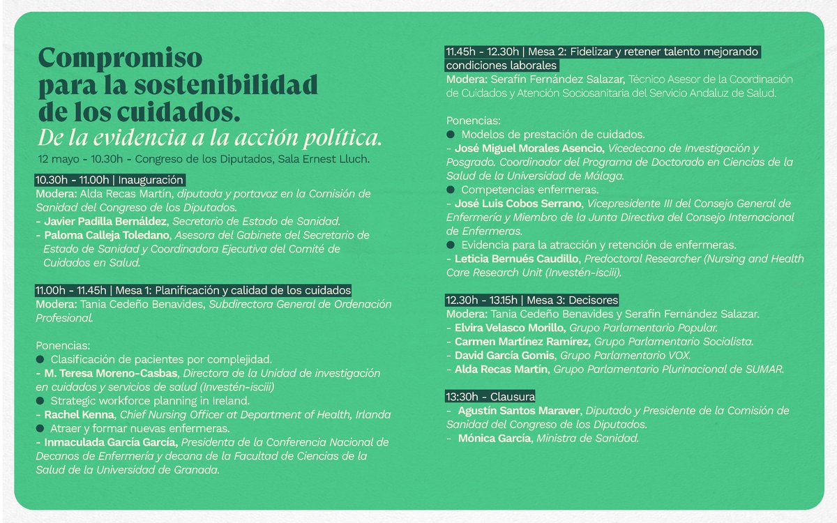 El lunes 12 celebramos el #diadelaenfermera en el <a href="/Congreso_Es/">Congreso</a> hablando de los avances enfermeros, con <a href="/Monica_Garcia_G/">Mónica García</a>  <a href="/javierpadillab/">Javier Padilla</a> <a href="/PCallejaTol/">Paloma Calleja 💜🍃</a> <a href="/maytemoren/">Cuicienciadora</a> y más, y con los portavoces en 🏦
Os esperamos!
👉 Inscripciones:  masmadrid.org/compromiso-par…
