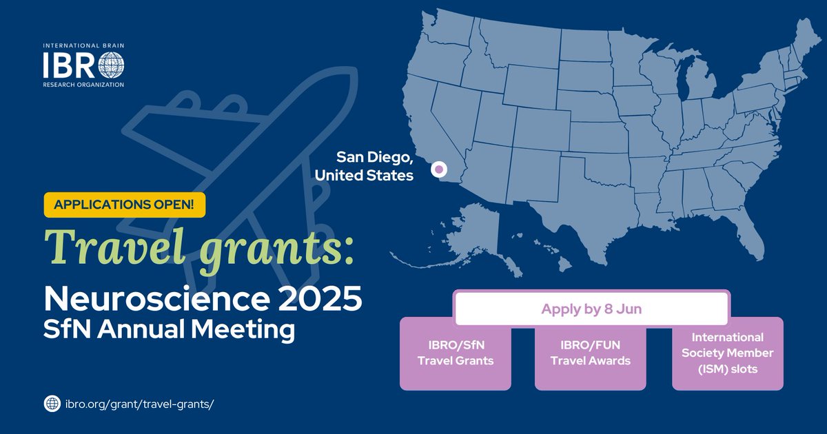 IBRO - International Brain Research Organization (@ibroorg) on Twitter photo ✈️ Several travel #grants for #SfN2025 are OPEN! Whether you're an undergrad, Master’s or PhD student, or a postdoc, there's an opportunity for you
🗓️ Apply by 8 Jun: ibro.org/grant/travel-g…
#IBROinAsiaPacific #IBROinUSCanada #IBROinAfrica #IBROinLatAm #IBROinEurope
<a href="/SfNtweets/">Society for Neuroscience (SfN)</a> ✈️ Several travel #grants for #SfN2025 are OPEN! Whether you're an undergrad, Master’s or PhD student, or a postdoc, there's an opportunity for you
🗓️ Apply by 8 Jun: ibro.org/grant/travel-g…
#IBROinAsiaPacific #IBROinUSCanada #IBROinAfrica #IBROinLatAm #IBROinEurope
<a href="/SfNtweets/">Society for Neuroscience (SfN)</a>