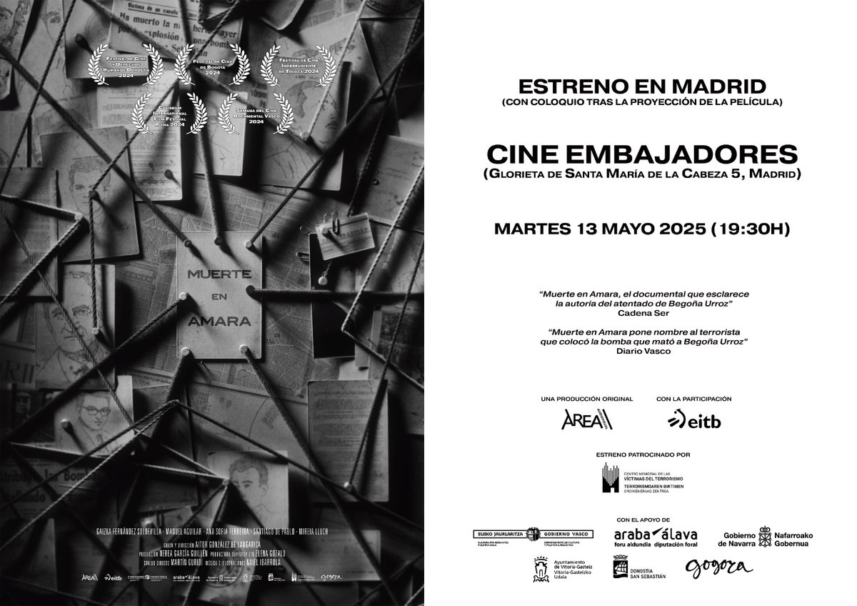 Seguridad y Defensa (@segdef) on Twitter photo Este martes en el <a href="/CineEmbajadores/">Cines Embajadores</a> estreno y coloquio del documental 'Muerte en Amara', sobre la reconocida en 2010 como primera víctima de ETA, Begoña Urroz (20 meses), asesinada en un atentado en la estación de Amara, Donostia en 1960
<a href="/eitbtaldea/">EITB Komunikazioa</a>
<a href="/MemorialVT/">Centro Memorial VT</a>
<a href="/AreaAudiovisual/">Área Audiovisual</a> Este martes en el <a href="/CineEmbajadores/">Cines Embajadores</a> estreno y coloquio del documental 'Muerte en Amara', sobre la reconocida en 2010 como primera víctima de ETA, Begoña Urroz (20 meses), asesinada en un atentado en la estación de Amara, Donostia en 1960
<a href="/eitbtaldea/">EITB Komunikazioa</a>
<a href="/MemorialVT/">Centro Memorial VT</a>
<a href="/AreaAudiovisual/">Área Audiovisual</a>