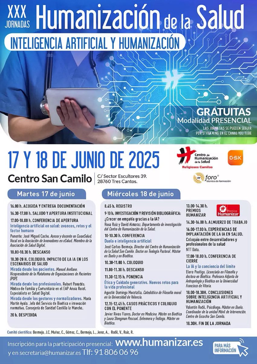 Cumplimos 30 años de Jornadas de #Humanización de la #Salud y las celebraremos en abordando el impacto de la inteligencia artificial #IA en la asistencia sanitaria y los cuidados. Os esperamos!

📆 17 y 18 de junio

Información e inscripción gratuita:
🔗 humanizar.es/formacion/xxx-…