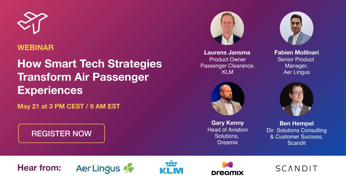 Scandit's tweet image. 🛫 Taking off soon: a new webinar featuring industry and technology experts from @AerLingus, @KLM, and @Dreamix_Ltd!
Join us on May 21 to hear how airlines are using technologies like self-service and ID scanning to comply but not cause friction 👉 okt.to/UVZSms